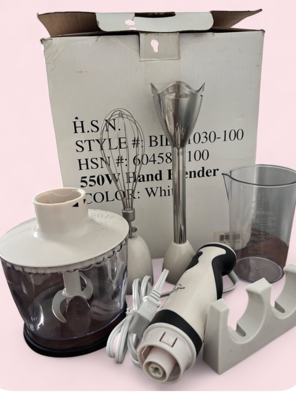 White 550W Hand Blender Set with Chopper & Beaker